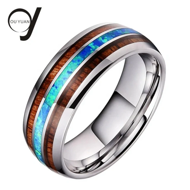 Unisex Blue Fire Opal and Koa Wood Tungsten Ring Mens Bands Opal With Dome Party Needs