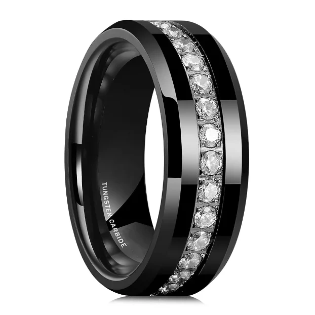 8mm Black Tungsten Carbide Wedding Band for Men Women Comfort Fit Cubic Zirconia Stone Inlay Engagement Gift Party Anniversary
