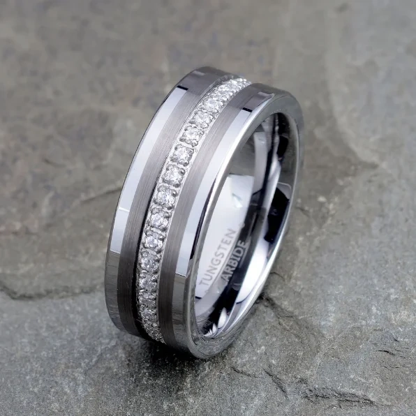 8mm Black Tungsten Ring for Men Women Engagement Promise Wedding Diamonds Band Princess Cz Stone Inlay Comfort Fit