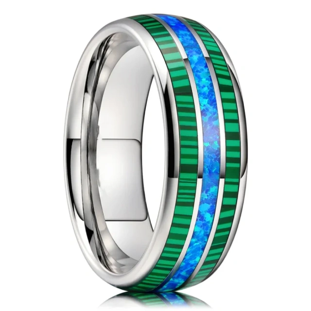 Ouyuan Jewelry Custom Wedding Ring Gold Plated Couple Wedding Band Dome White Black Fire Opal Tungsten Ring Couple Ring
