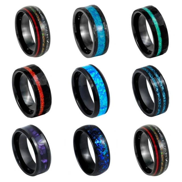 8mm Silver Plated Tungsten Ring with Blue Green Opal Inlay Comfort Fit Fashionable Men's Engagement Party Anniversary Jewelry