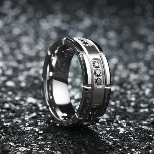 8mm Grooved Flat Silver Tungsten Ring With Cubic Zirconia Cz Stone Inlay