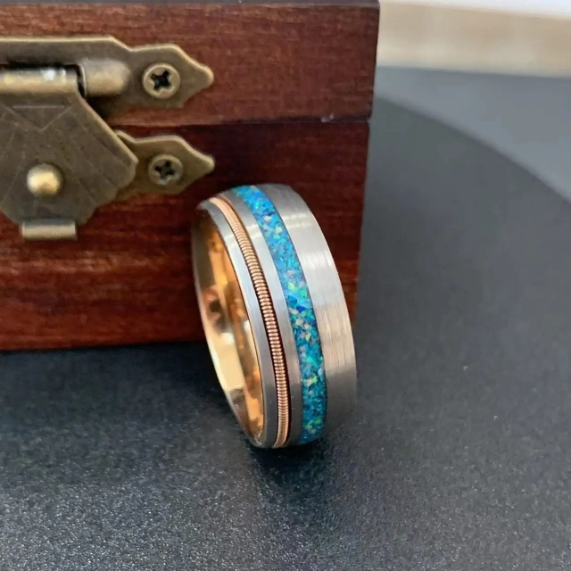 New Stock Jewelry 8mm Rose Gold Couple Ring Wedding Bands Inlay Guitar String and Opal Galaxy Tungsten Ring