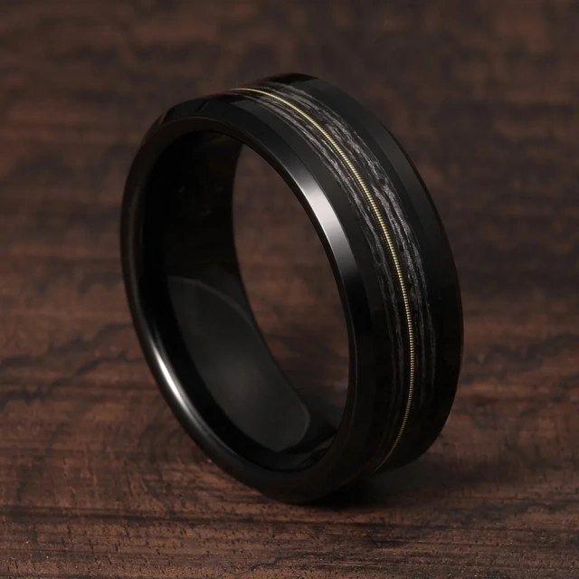 Black Plated Wholesale Men Luxury Tungsten Carbide Ring Inlay Guitar String
