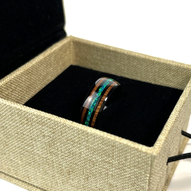 Black Hawaii Koa Wood and Blue Opal Inlaid Tungsten Carbide Ring Hemispherical Wedding Ring Comfort Fit