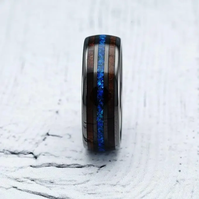 Ouyuan Jewelry Wholesale Price Hawaii Koa Wood and Blue Opal Inlay Tungsten Carbide Ring Men Fashion Rings