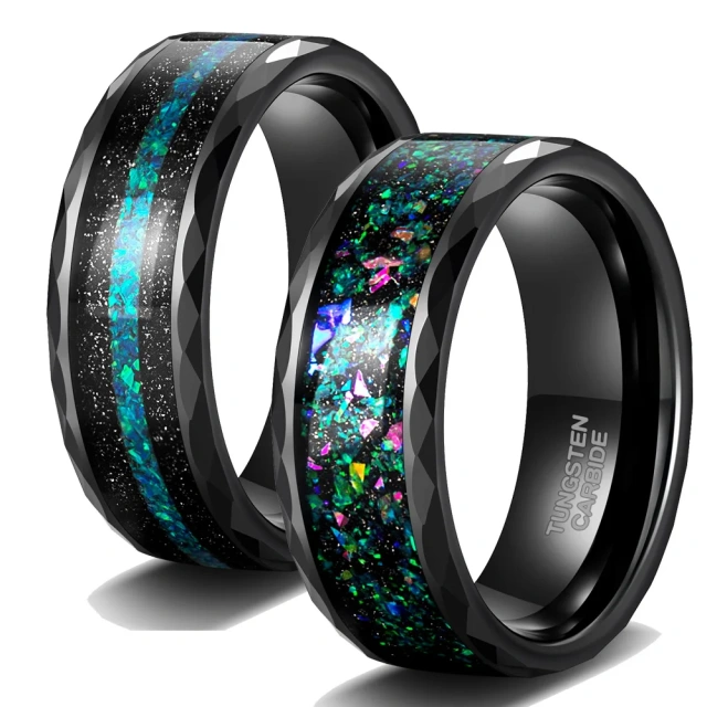 8mm Mens Multi-faceted Edge With Black Sand and Green-blue Opal Inlay Tungsten Carbide Wedding Rings Fashion Jewelry