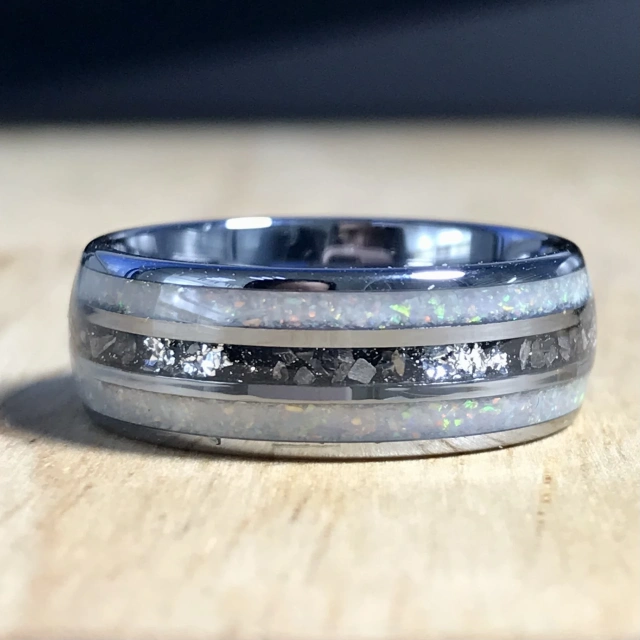 Hot Sale Jewelry 8mm White Opal Inlay Silver Gold Plated Tungsten Ring Men Rings Women Engagement Wedding Band Rings comfort Fit