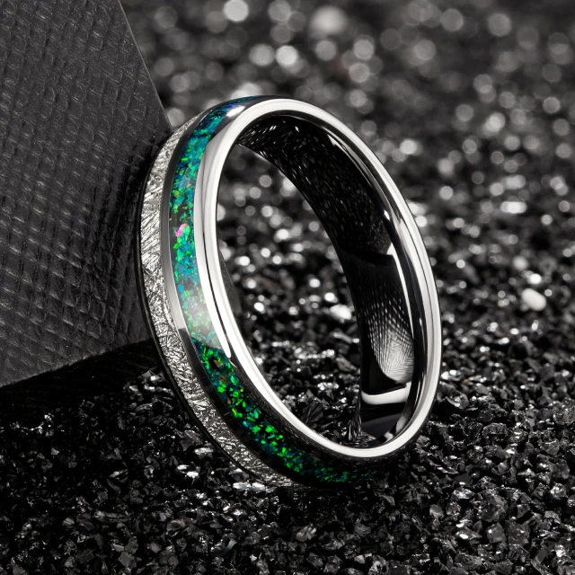 Ouyuan Jewely Plate Gold Tungsten Carbide Wedding Band Inlay Meteorite 8mm Domed Comfort Fit