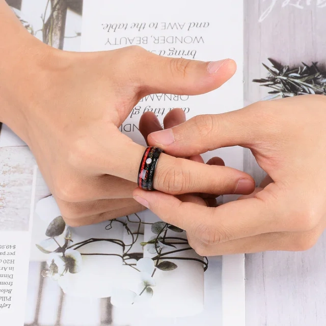 Custom Fashion Jewelry Rings 8mm Black Tungsten Rings for Men Red Opal Meteor Sticker Inlay Couple Engagement Wedding Band