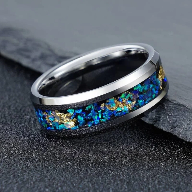 Fashion Polished Gold Leaf Blue Opal Sand Stone Men Wedding Ring Inlay Silver Color Tungsten Rings