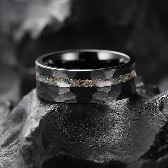 8mm Fashion Rings Tungsten Ring for Men Rings Black Couple Wedding Band Opal Inlay Brushed Hammered Comfort Fit