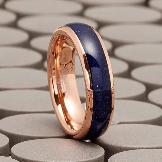 Luxury 4mm High Polished Men and Women Ring Inlay Dark Blue Opal Tungsten Carbide Ring Rose Gold Plated Opal Rings