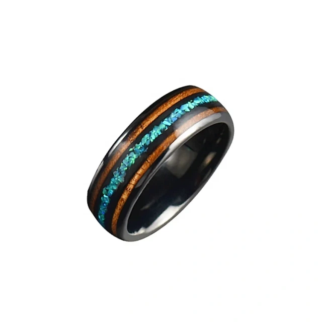 China Factories Koa Wood Blue Fire Opal Men Tungsten Rings for Women Wed Tungsten Brand Ring Black comfort Fit