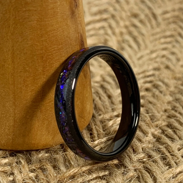 Couple Wedding Band Polished Gold Sandblast Black Tungsten Ring With Sandstone Inlay
