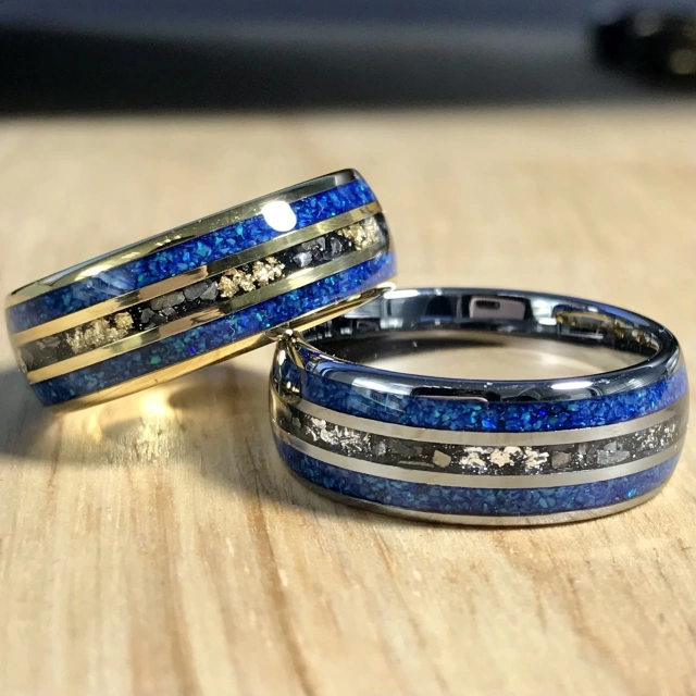 Hot Sale 8mm Blue Opal Meteorite Inlay Silver Gold Plated Tungsten Ring Men Rings Women Wedding Band Rings comfort Fit