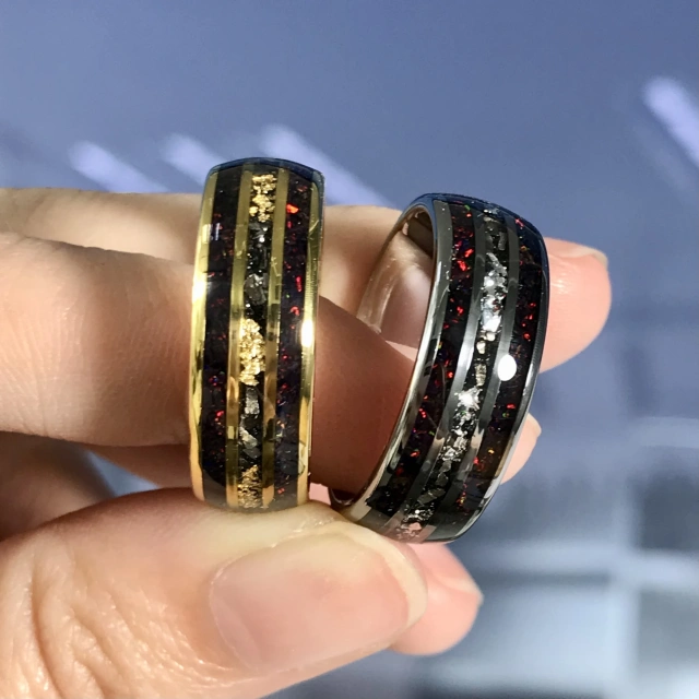 Fashion Rings 8mm Red Opal Meteorite Inlay Silver 18K Gold Plated Tungsten Ring Men Women Wedding Band Rings comfort Fit