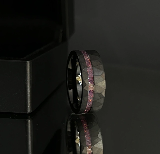 Dainty 8mm Raw Red Natural Stone Black Hammered Tungsten Fire Opal Ring for Men