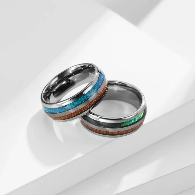 Wholesale Fashion Jewelry Tungsten Ring Abalone Shell Blue Opal Koa Wood Inlay for Men Women Engagement Wedding Band