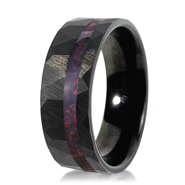 Dainty 8mm Raw Red Natural Stone Black Hammered Tungsten Fire Opal Ring for Men