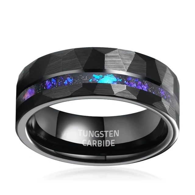 Manufacturer Competitive Price 8mm Hammered Tungsten Carbide Ring Inlay Opal for Men Fashion Wedding Band Black Rings Jewelry