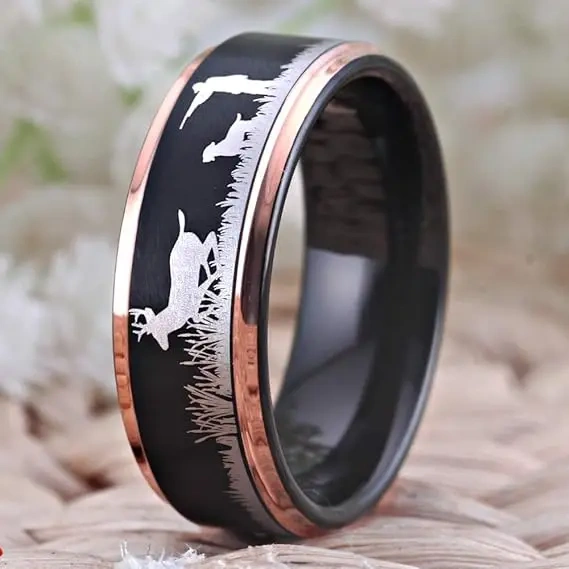 OEM Factory Directly Sell Black and Rose Gold Plated Tungsten Ring Laser the Deer for Men Wedding Band Fashion Jewelry