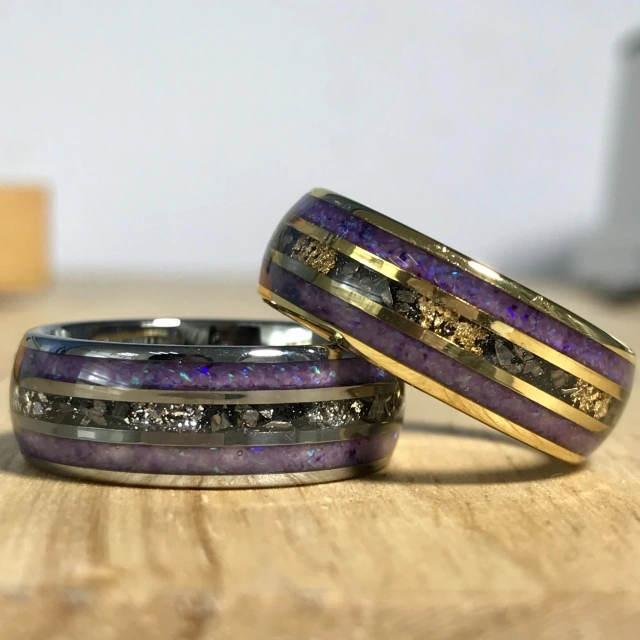 Factory Fashion Rings 8mm Purple Opal Meteorite Gold Foil Inlay 18K Gold Plated Tungsten Ring Men Women Wedding Band Rings