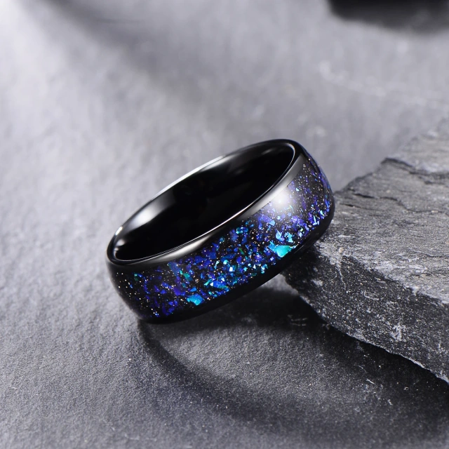 Custom 8mm Tungsten Carbide Ring Black Domed Inlay Holographic Galaxy Glitter for Mens Women Wedding Bands Rings Fashion Jewelry