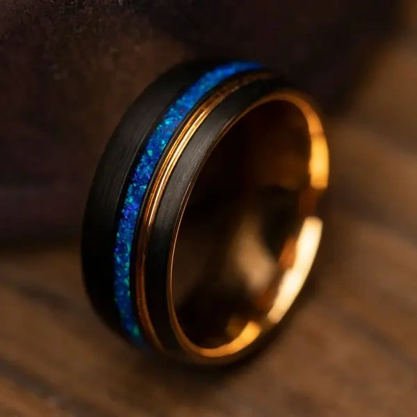 Comfort Fit Tungsten Carbide Ring 8MM  Blue Opal Inlay Tungsten Ring for Men