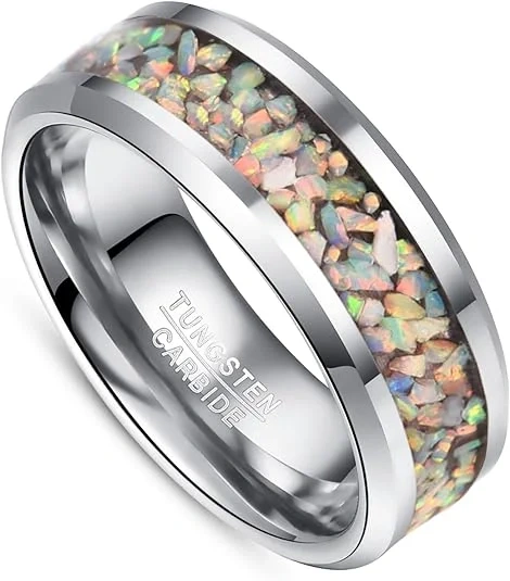 2024 Fashion Jewelry 8mm Tungsten Wedding Rings Men Women Pattern Crushed Opal Inlay Engagement Ring