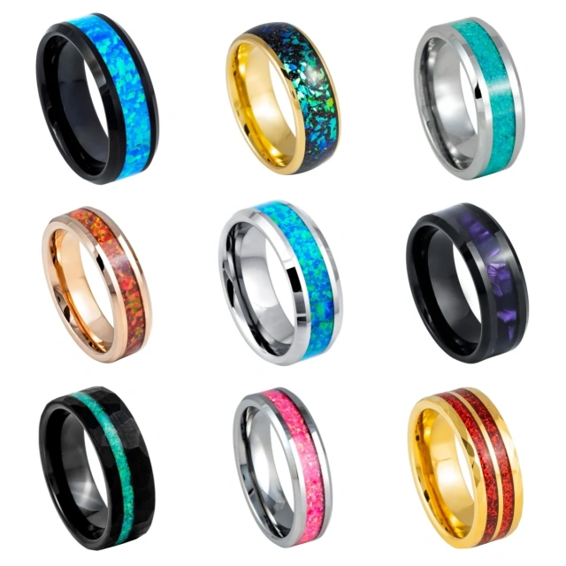 8mm Silver Plated Tungsten Ring with Blue Green Opal Inlay Comfort Fit Fashionable Men's Engagement Party Anniversary Jewelry