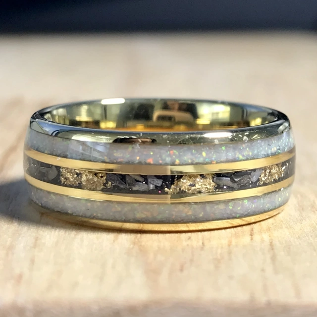 Hot Sale Jewelry 8mm White Opal Inlay Silver Gold Plated Tungsten Ring Men Rings Women Engagement Wedding Band Rings comfort Fit