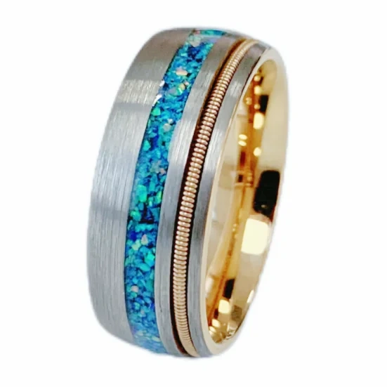 New Stock Jewelry 8mm Rose Gold Couple Ring Wedding Bands Inlay Guitar String and Opal Galaxy Tungsten Ring