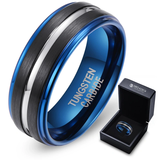 Hot Selling New Design Black and Blue Tungsten Carbide Ring Mens