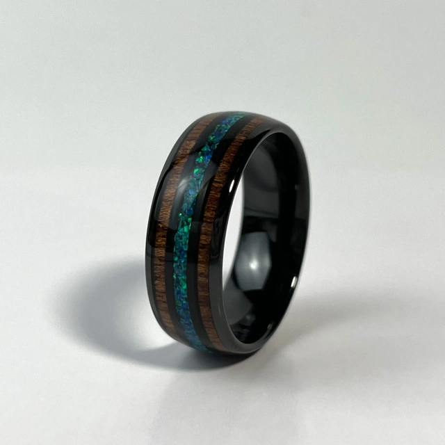 Black Hawaii Koa Wood and Blue Opal Inlaid Tungsten Carbide Ring Hemispherical Wedding Ring Comfort Fit