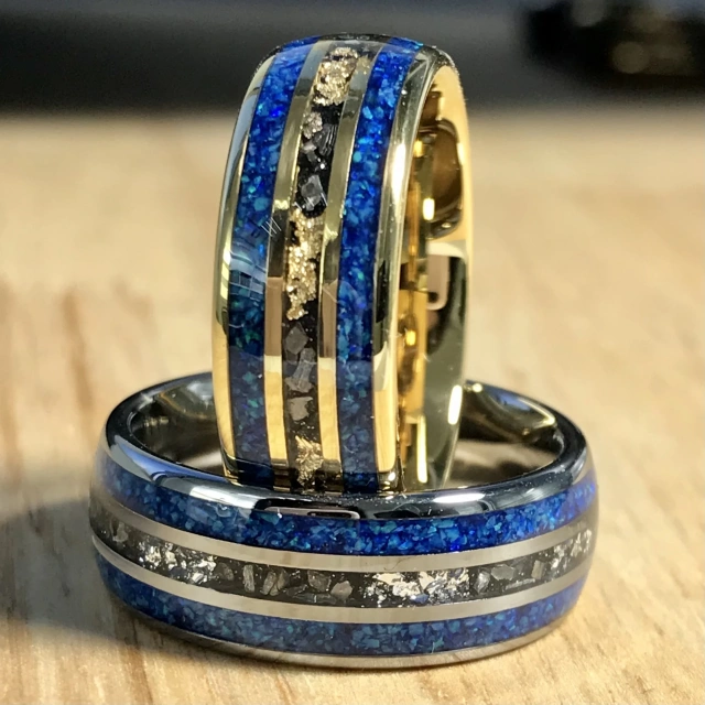 Hot Sale 8mm Blue Opal Meteorite Inlay Silver Gold Plated Tungsten Ring Men Rings Women Wedding Band Rings comfort Fit