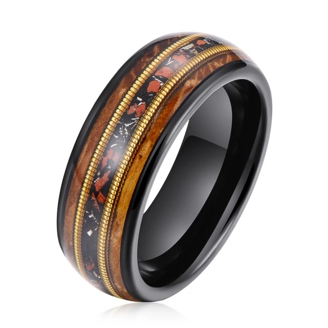 Hot Sale Custom 8mm Blue Opal Guitar Strings Wood Inlay Silver Black Tungsten Ring Men Rings Women Engagement Wedding Band Rings