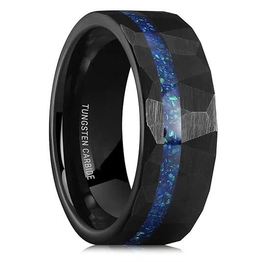 8mm Fashion Rings Tungsten Ring for Men Rings Black Couple Wedding Band Opal Inlay Brushed Hammered Comfort Fit
