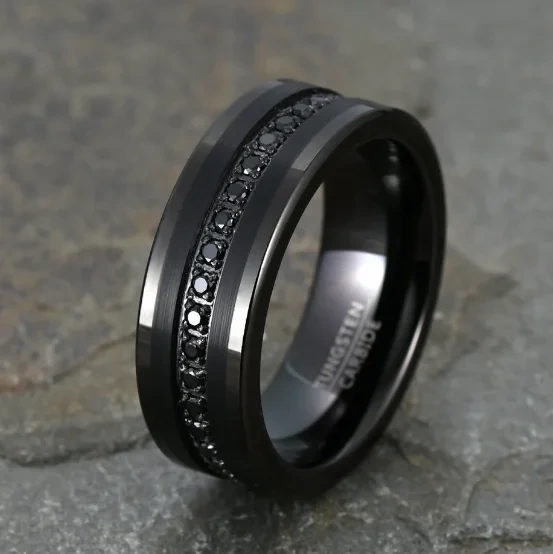 8mm Black Tungsten Ring for Men Women Engagement Promise Wedding Diamonds Band Princess Cz Stone Inlay Comfort Fit