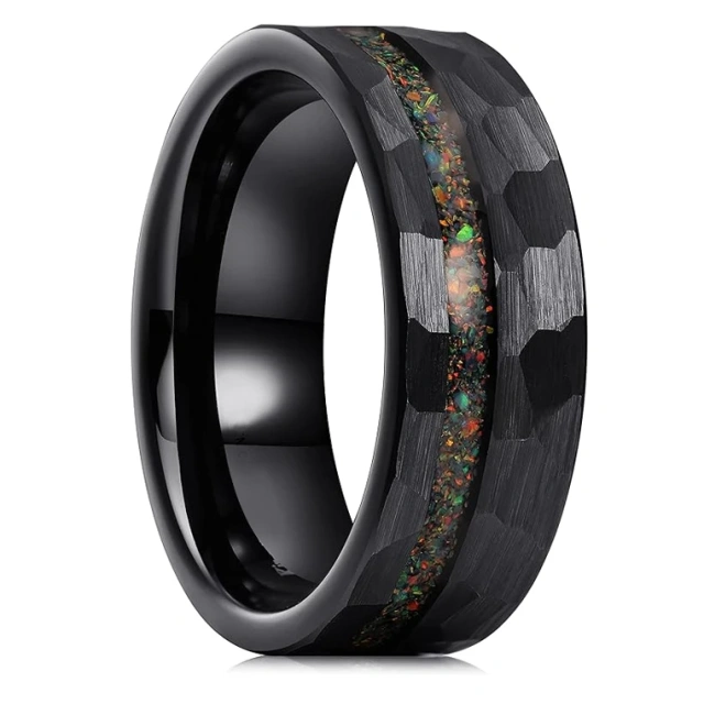 8mm Fashion Rings Tungsten Ring for Men Rings Black Couple Wedding Band Opal Inlay Brushed Hammered Comfort Fit