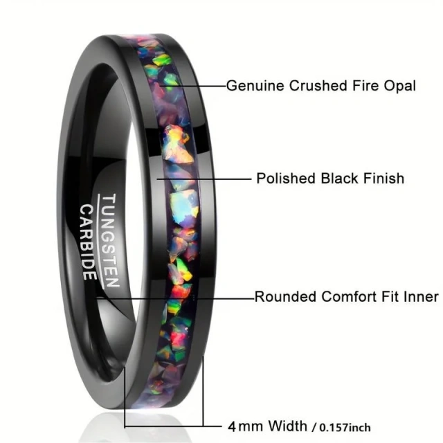 Custom Logo 4MM Width Tungsten Carbide Ring Black Plated Fire Opal Tungsten Rings for Women Men Fashion Jewelry
