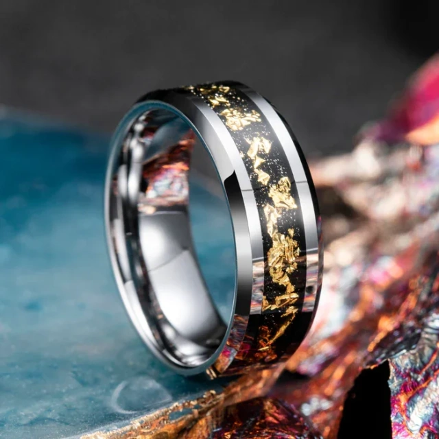 Fashion Jewelry 8mm Meteorite and Gold Leaf Ring Inlay Silver Gold Tungsten Ring for Men Women Fashion Wedding Engagement Band