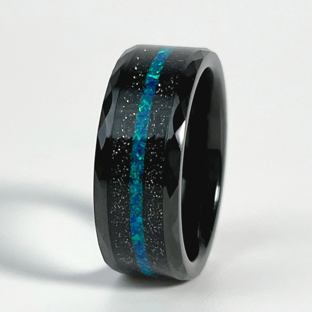 8mm Mens Multi-faceted Edge With Black Sand and Green-blue Opal Inlay Tungsten Carbide Wedding Rings Fashion Jewelry