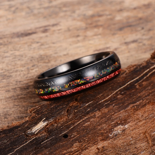 Ouyuan Hardware Jewelry RTS 6mm Wedding Band Rings Men Inlay Opal Black Men Tungsten Carbide Ring comfort Fit
