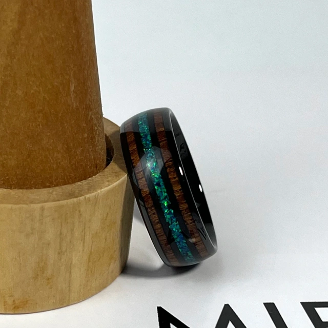 Black Hawaii Koa Wood and Blue Opal Inlaid Tungsten Carbide Ring Hemispherical Wedding Ring Comfort Fit