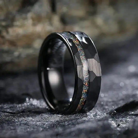 8mm Fashion Rings Tungsten Ring for Men Rings Black Couple Wedding Band Opal Inlay Brushed Hammered Comfort Fit