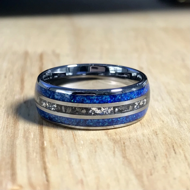 Hot Sale 8mm Blue Opal Meteorite Inlay Silver Gold Plated Tungsten Ring Men Rings Women Wedding Band Rings comfort Fit