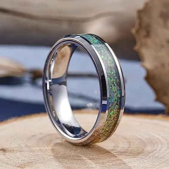 Ouyuan Wholesale 4mm Tungsten Ring Silver Plated Opal Inlay Trendy Christian Style Wedding Engagement Band for Men and Women