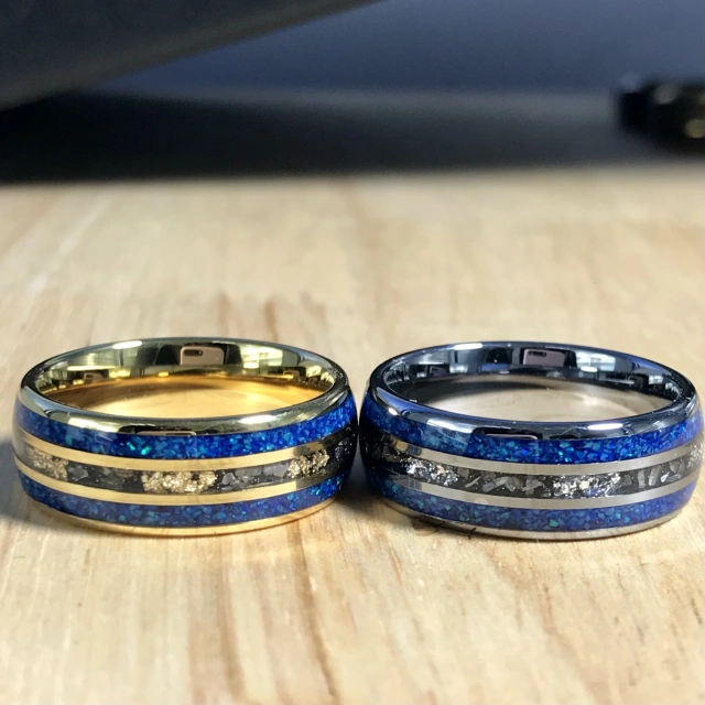 Hot Sale 8mm Blue Opal Meteorite Inlay Silver Gold Plated Tungsten Ring Men Rings Women Wedding Band Rings comfort Fit