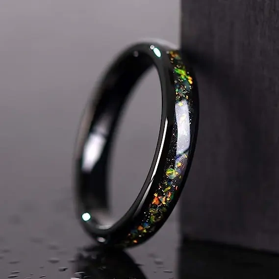 4mm Black High Polished Tungsten Wedding Bands Classic Style Inlay Opal Mens & Womens Ring Jewelry for Engagement